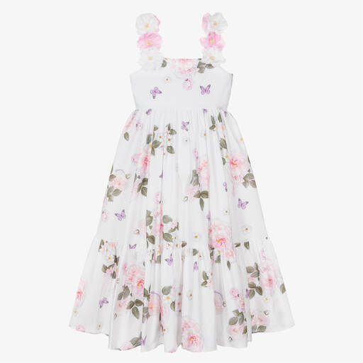 Monnalisa-Teen Girls White Floral Cotton Dress | Childrensalon