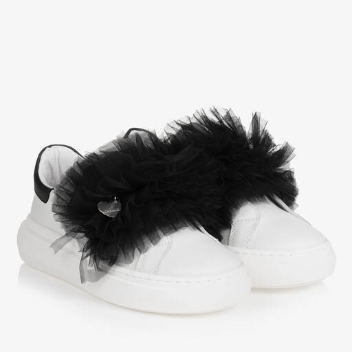 Monnalisa-Белые кожаные кроссовки с отделкой из тюля для девочек-подростков | Childrensalon