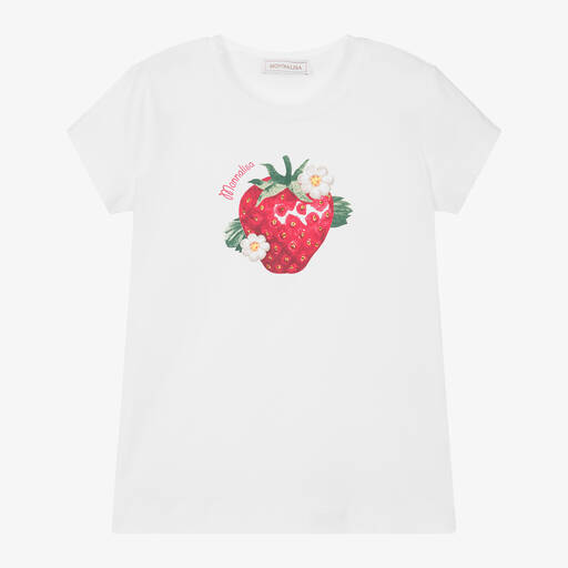 Monnalisa-Teen Girls White Strawberry Cotton T-Shirt | Childrensalon