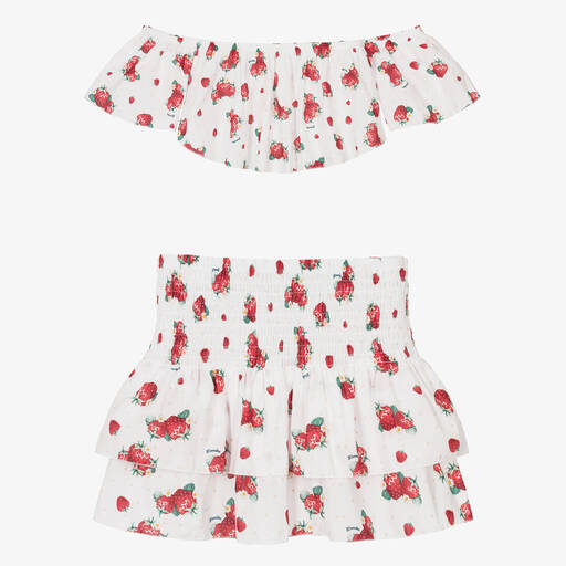 Monnalisa-Teen Girls White Strawberry Print Skirt Set | Childrensalon