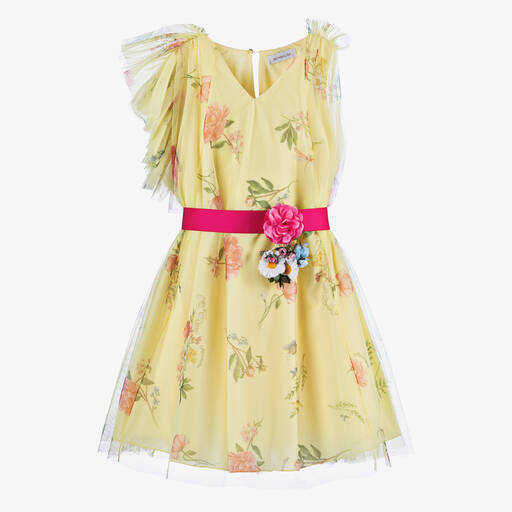 Monnalisa-Желтое платье из тюля с цветами для девочек-подростков | Childrensalon