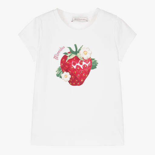 Monnalisa-White Strawberry Print Cotton T-Shirt | Childrensalon