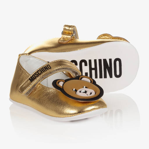Moschino Baby-Baby Girls Gold Leather Logo Shoes | Childrensalon