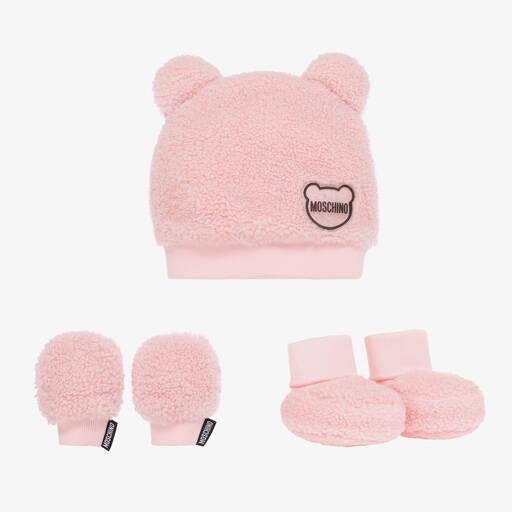 Moschino Baby-Baby Girls Pink Fleece Hat & Booties Set | Childrensalon