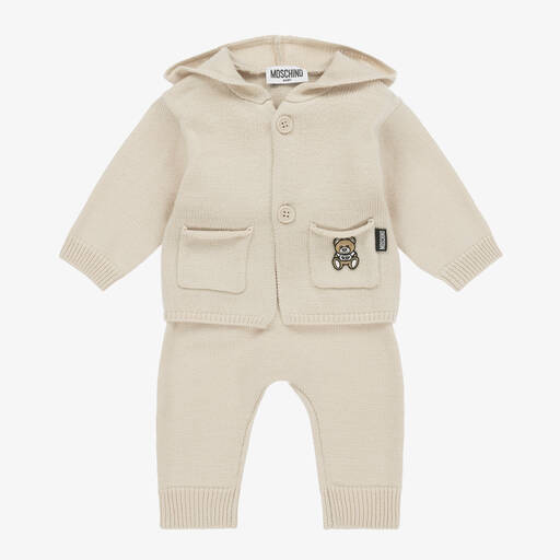 Moschino Baby-Beige Wool Knit  Baby Trousers Set | Childrensalon