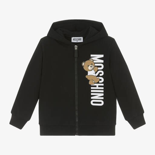 Moschino Kid-Teen-Black Cotton Teddy Bear Zip-Up Hoodie | Childrensalon