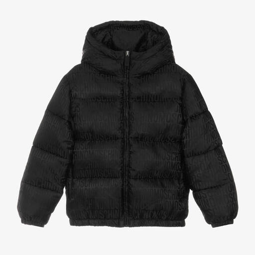 Moschino Kid-Teen-Black Hooded Puffer Jacket | Childrensalon