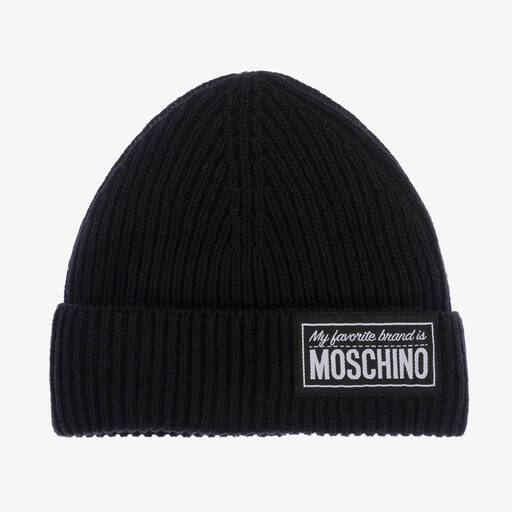 Moschino Kid-Teen-Black Ribbed Cotton Knit Beanie Hat | Childrensalon