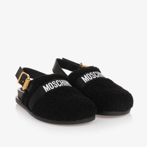 Moschino-Black Sherpa Fleece & Leather Mules | Childrensalon