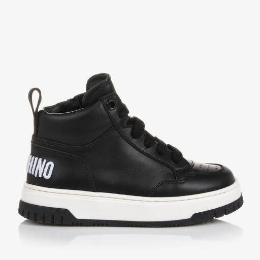 Moschino Kid-Teen-Black & White Leather High-Top Trainers | Childrensalon