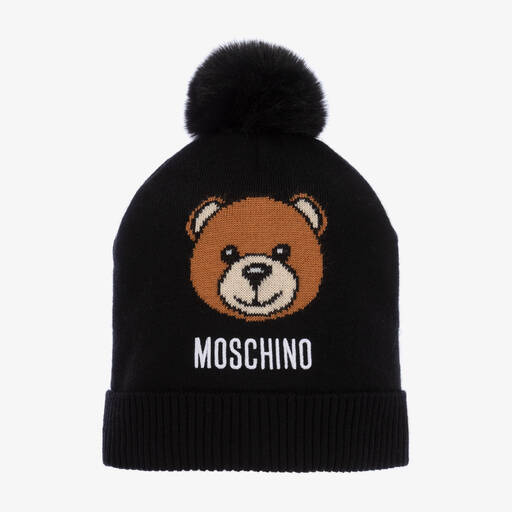 Moschino Kid-Teen-Black Wool Knit Teddy Bear Beanie Hat | Childrensalon