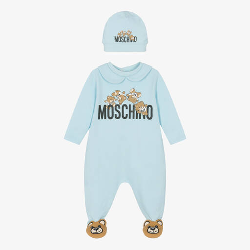 Moschino Baby-Blue Cotton Teddy Bear Babygrow Gift Set | Childrensalon