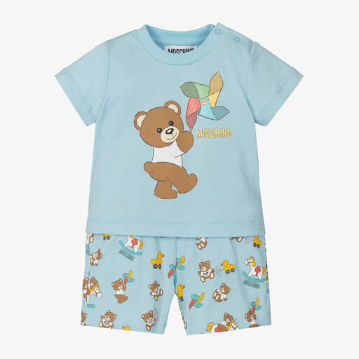 Moschino Baby-Blue Cotton Teddy Bear Shorts Set | Childrensalon