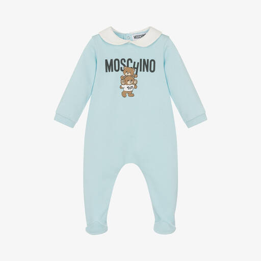 Moschino Baby-Blue Cotton Teddy Logo Babygrow | Childrensalon