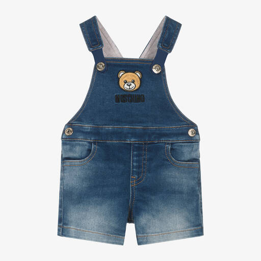 Moschino Baby-Blue Denim Teddy Bear Dungaree Shorts | Childrensalon