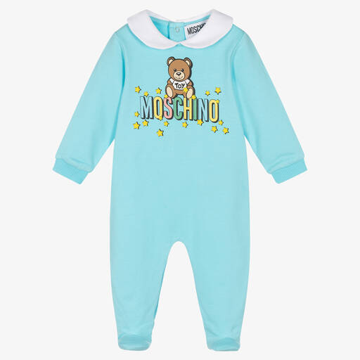 Moschino Baby-Blue Teddy Bear Cotton Babygrow | Childrensalon