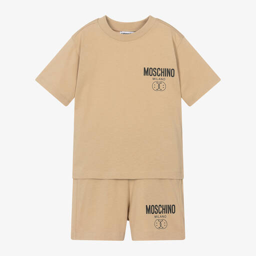 Moschino Kid-Teen-Boys Beige Double Smiley Cotton Shorts Set | Childrensalon