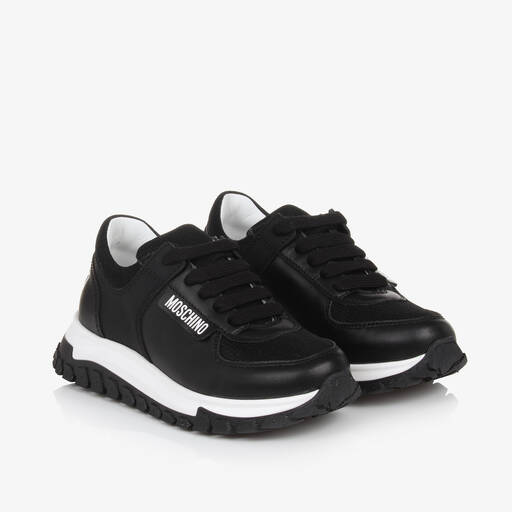 Moschino-Boys Black Leather Lace-Up Trainers | Childrensalon