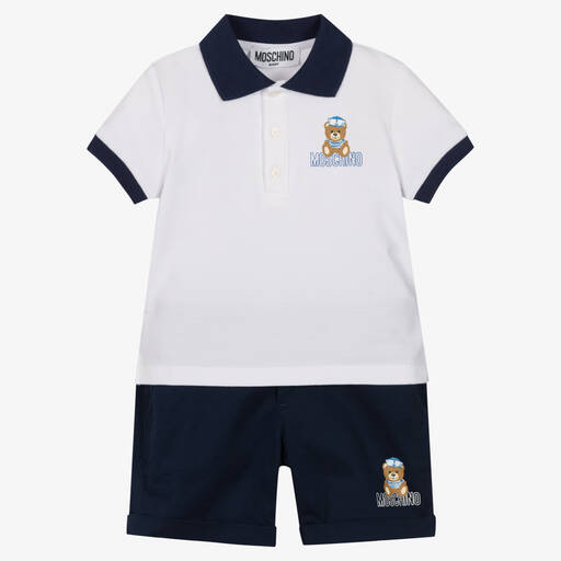 Moschino Baby-Boys White & Blue Cotton Shorts Set | Childrensalon