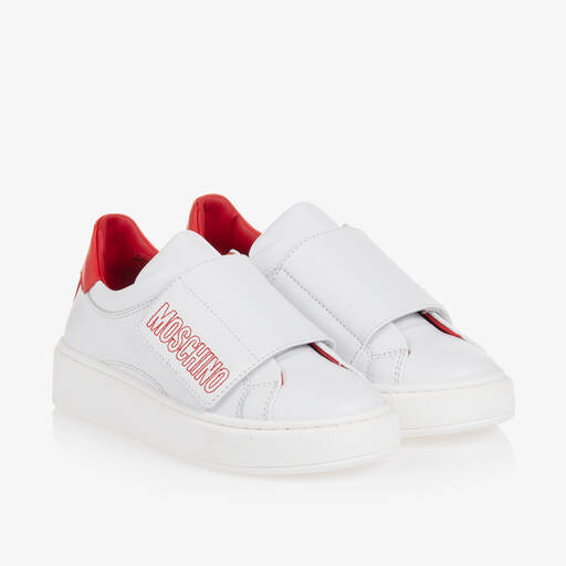 Moschino-Boys White & Red Leather Trainers | Childrensalon