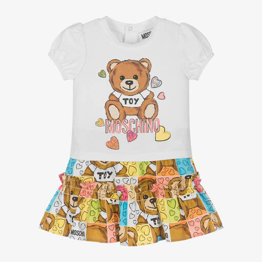Moschino Baby-Girls Beige Cotton Teddy Bear Skirt Set | Childrensalon