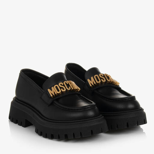 Moschino Kid-Teen-Girls Black Chunky Leather Loafers | Childrensalon