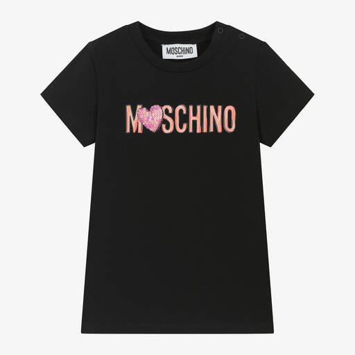 Moschino Baby-Girls Black Cotton Heart T-Shirt | Childrensalon