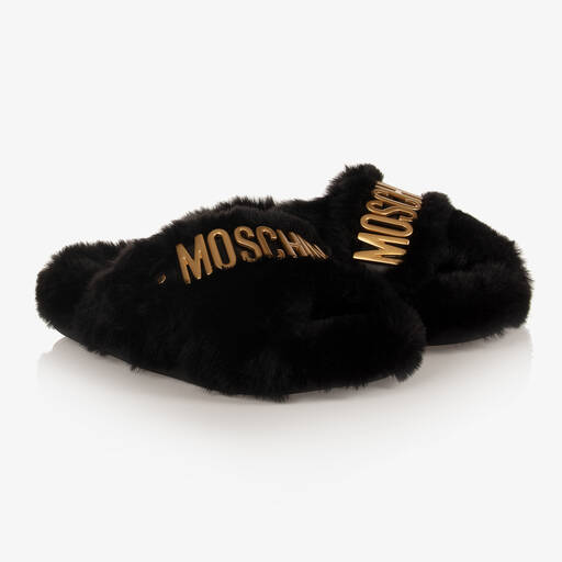 Moschino Kid-Teen-Girls Black Faux Fur Slippers | Childrensalon