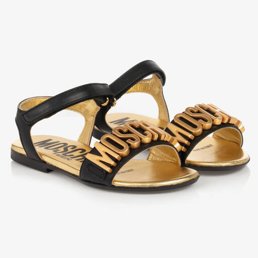 Moschino Kid-Teen-Girls Black & Gold Leather Sandals | Childrensalon