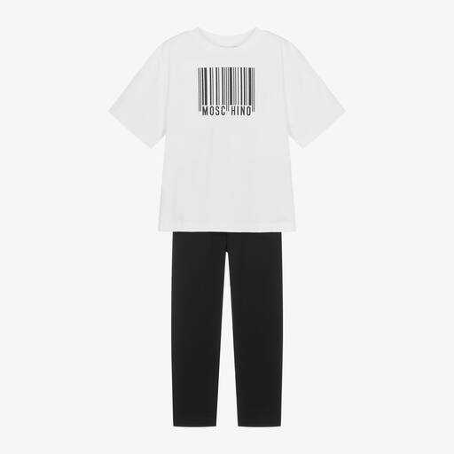 Moschino Kid-Teen-Белая футболка с черными хлопковыми легинсами для девочек | Childrensalon