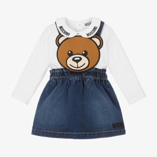 Moschino Baby-طقم فستان بطبعة تيدي بير قطن دنيم لون أزرق | Childrensalon