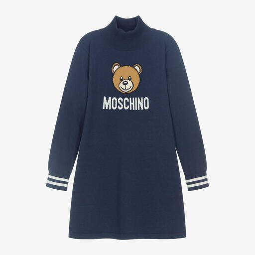 Moschino Kid-Teen-Синее платье-свитер с высоким воротом для девочек | Childrensalon