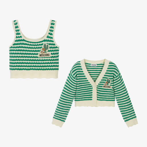 Moschino Kid-Teen-Girls Green Cotton Knit Cardigan Set | Childrensalon