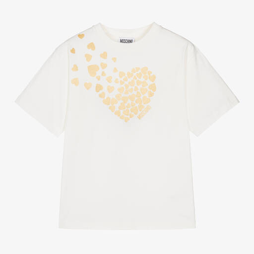Moschino Kid-Teen-Girls Ivory Cotton Heart Print T-Shirt | Childrensalon