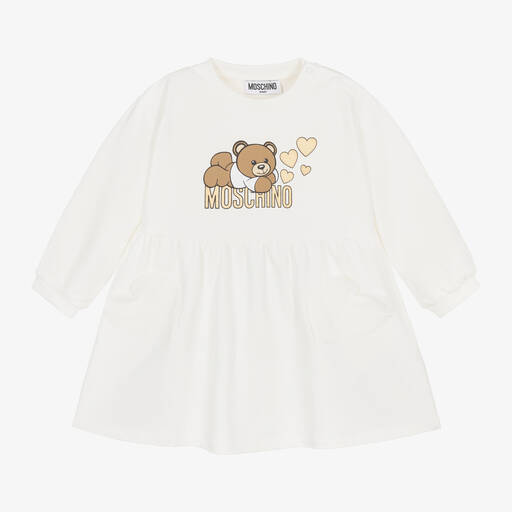 Moschino Baby-Girls Ivory Cotton Teddy Bear Logo Dress | Childrensalon