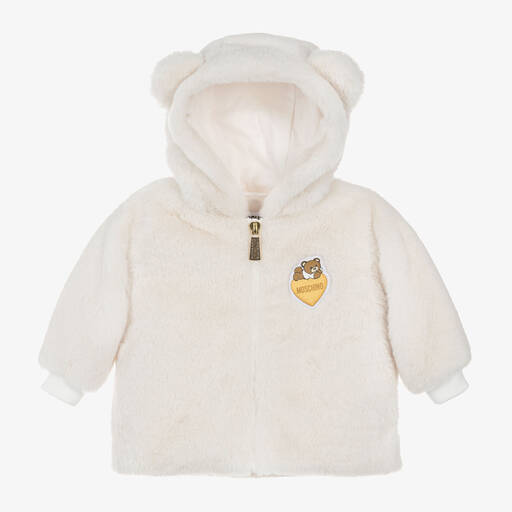 Moschino Baby-Girls Ivory Faux Fur Teddy Bear Logo Coat | Childrensalon