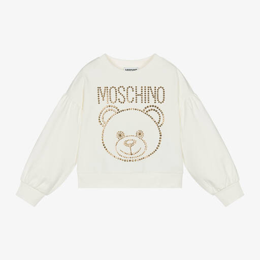 Moschino Kid-Teen-Girls Ivory Studded Teddy Bear Sweatshirt | Childrensalon