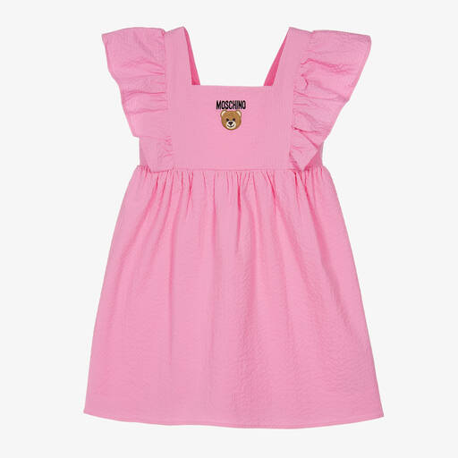 Moschino Kid-Teen-Girls Pink Cotton Seersucker Logo Dress | Childrensalon