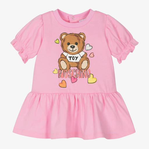 Moschino Baby-Girls Pink Cotton Teddy Bear Heart Dress | Childrensalon