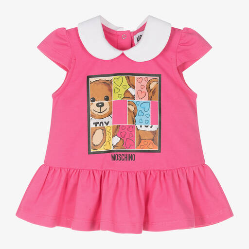 Moschino Baby-Girls Pink Cotton Teddy Puzzle Dress | Childrensalon