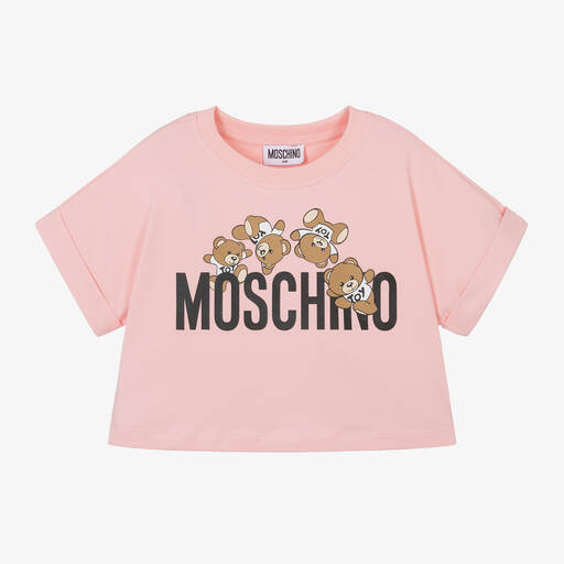 Moschino Kid-Teen-Girls Pink Cropped Teddy Bear T-Shirt | Childrensalon