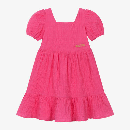Moschino Kid-Teen-Girls Pink Puffed Sleeve Cotton Dress | Childrensalon