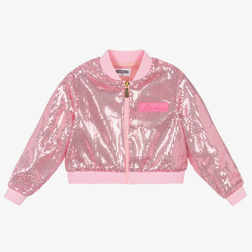 Moschino Kid-Teen-Girls Pink Sequin Bomber Jacket | Childrensalon