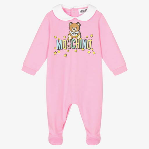 Moschino Baby-Girls Pink Teddy Bear Cotton Babygrow | Childrensalon