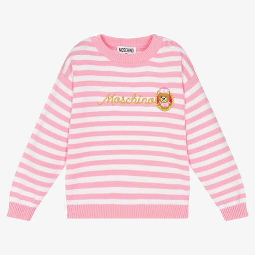 Moschino Kid-Teen-Girls Pink & White Striped Cotton Sweater | Childrensalon