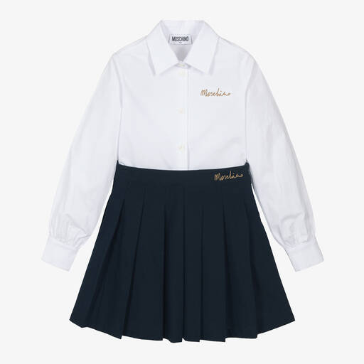 Moschino Kid-Teen-Girls White & Blue Cotton Skirt Set | Childrensalon