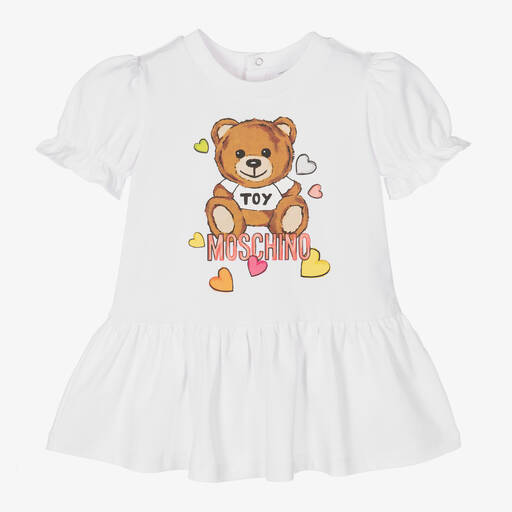 Moschino Baby-فستان بطبعة تيدي بير وقلوب قطن جيرسي لون أبيض | Childrensalon