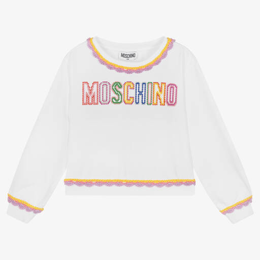 Moschino Kid-Teen-Girls White Cropped Logo Sweatshirt | Childrensalon