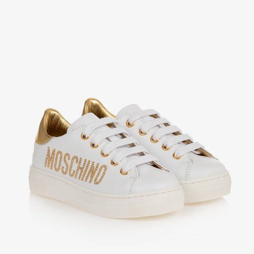 Moschino-Girls White Leather Lace-Up Trainers | Childrensalon