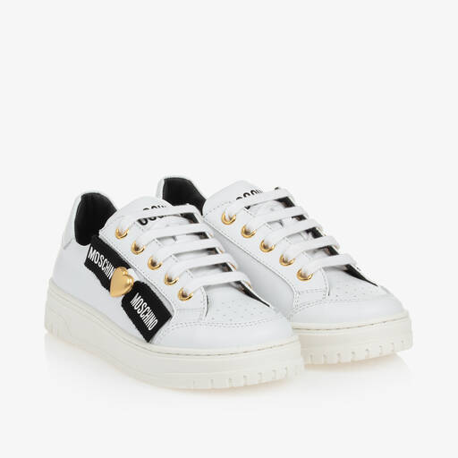 Moschino-Girls White Leather Lace-Up Trainers | Childrensalon